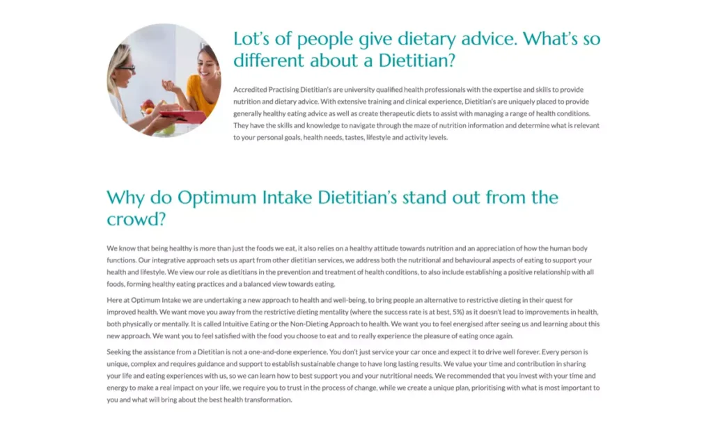 Wordpress project Optimum intake Subpage