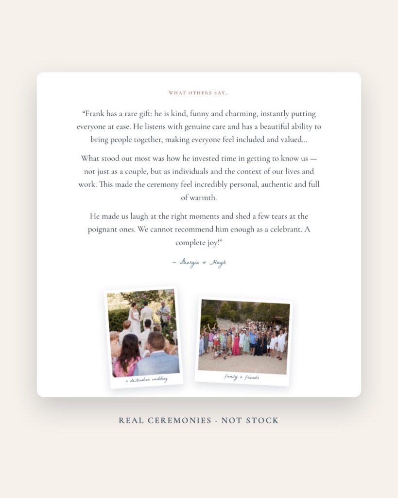 Ceremonies by Frank About section introducing celebrant Frank Cristaudo