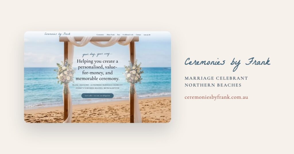 Ceremonies by Frank homepage, showing the wedding arch hero image and hand-lettered wordmark
